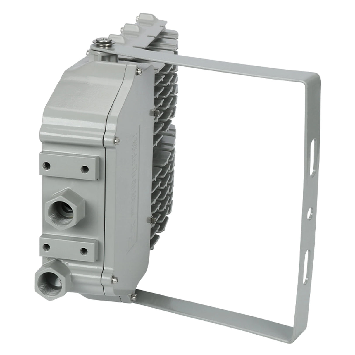 Top view of the IP67 rated driver housing and secure wiring port on a 150W C1D2 explosion proof LED flood light.
