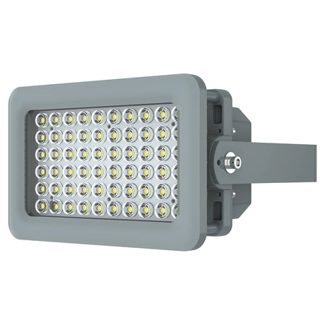 Compact 20W C1D2 explosion proof square LED flood light, 2,800 lumens 4000K, with adjustable industrial U-bracket.