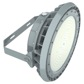 250W C1D2 explosion proof round LED high bay light, 35,000 lumens 5000K, heavy-duty fixture for industrial safety.