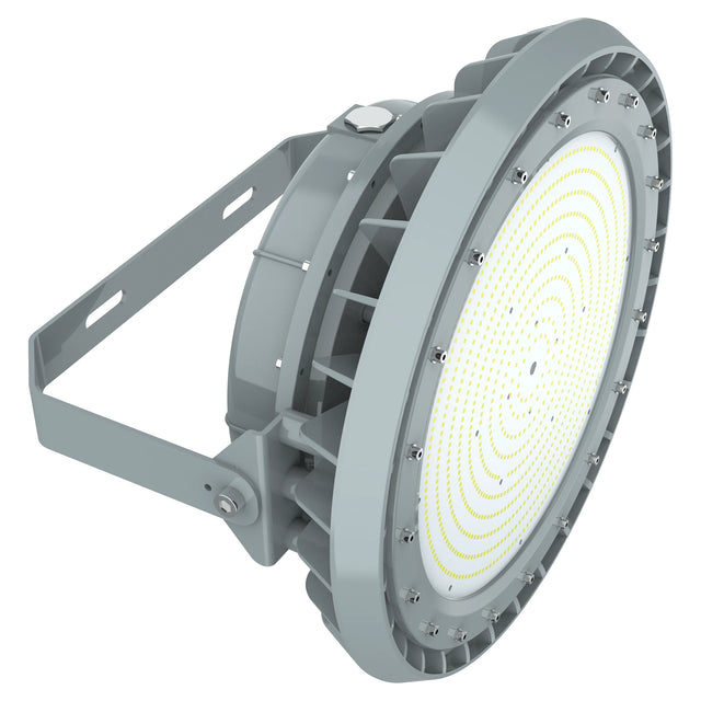 250W C1D2 explosion proof round LED high bay light, 35,000 lumens 5000K, heavy-duty fixture for industrial safety.