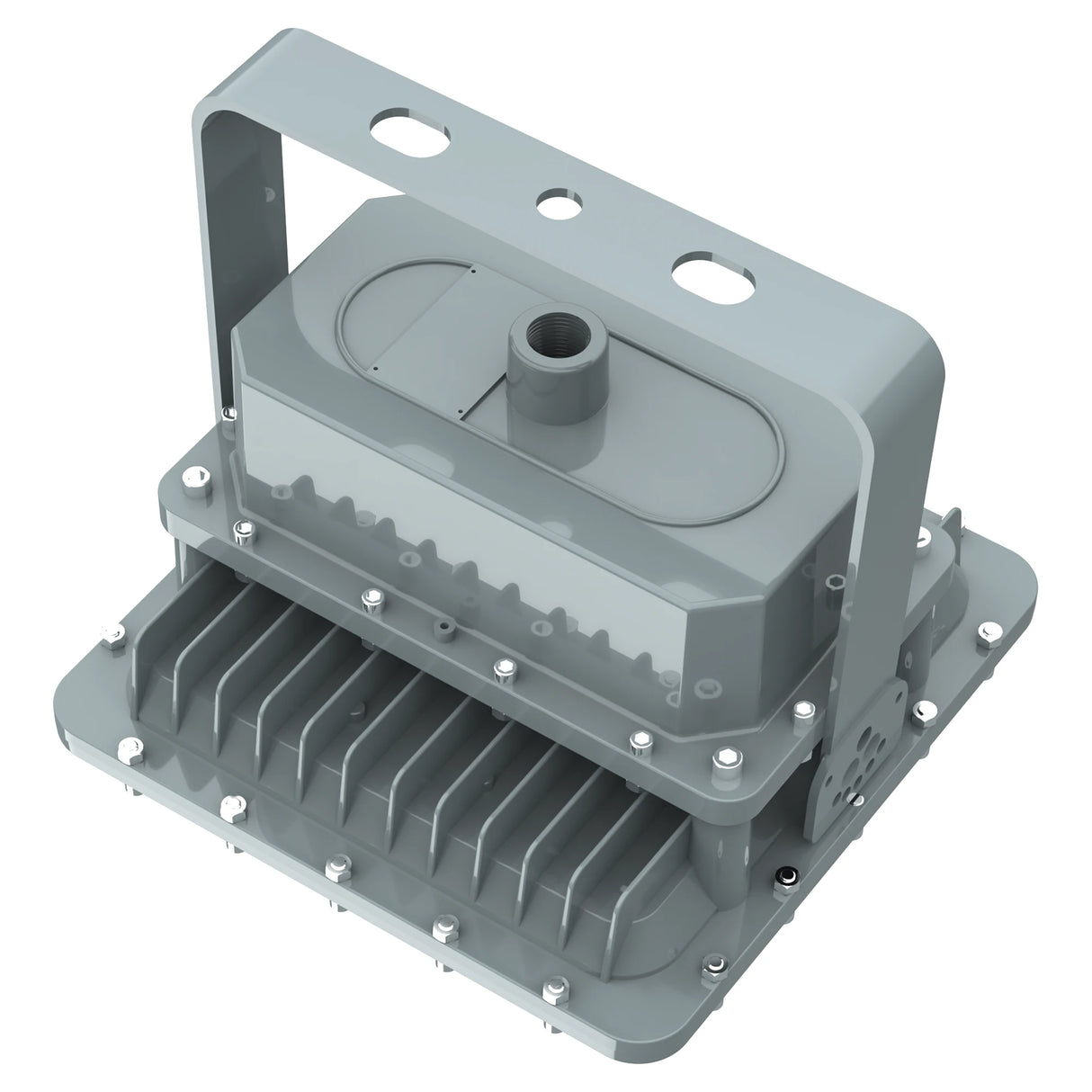 Top detail of the explosion-proof driver compartment on a 60W Class I Div 1 LED square flood light for industrial safety.