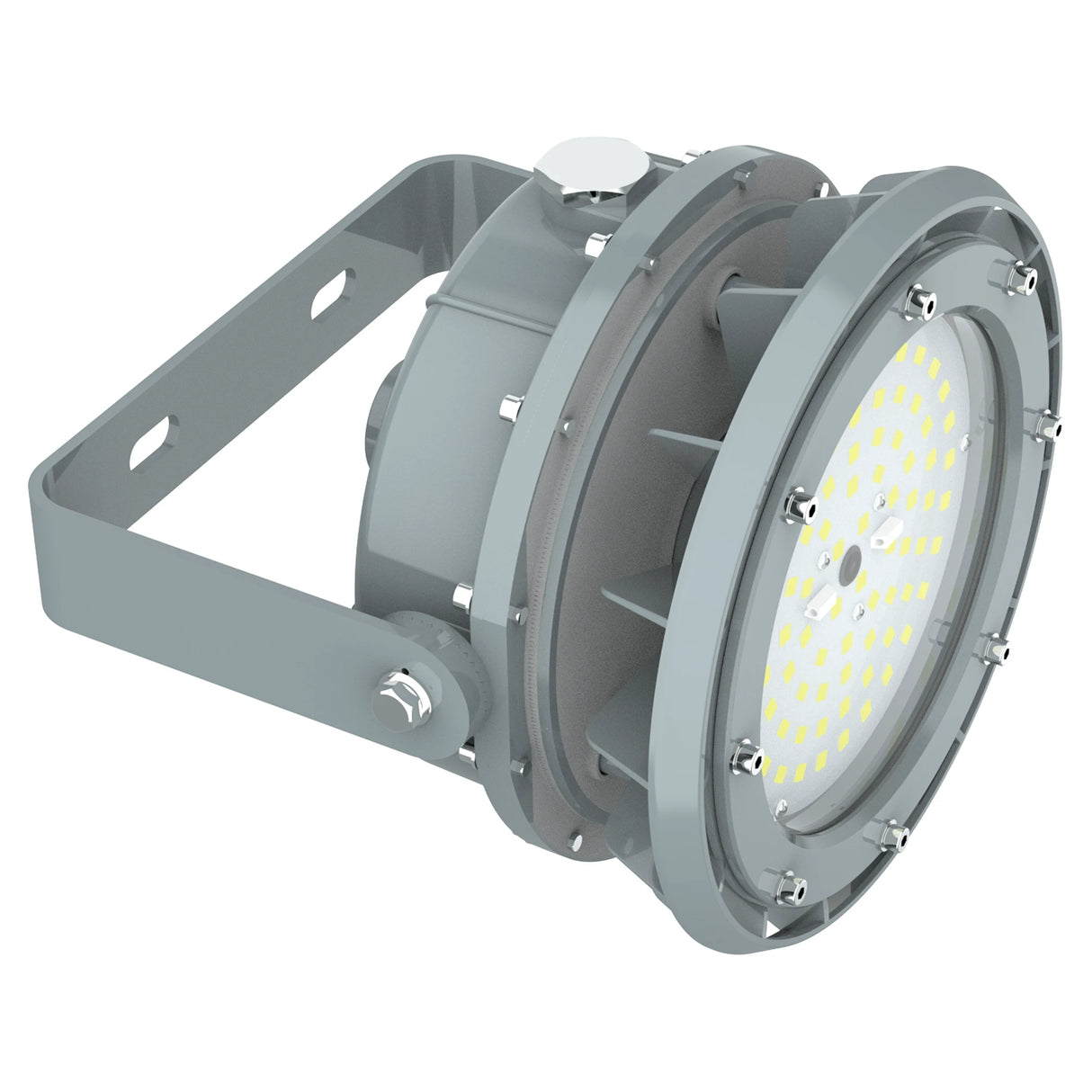 60W C1D2 explosion proof round LED high bay light, 8,400 lumens 4000K, for hazardous industrial workshop lighting.