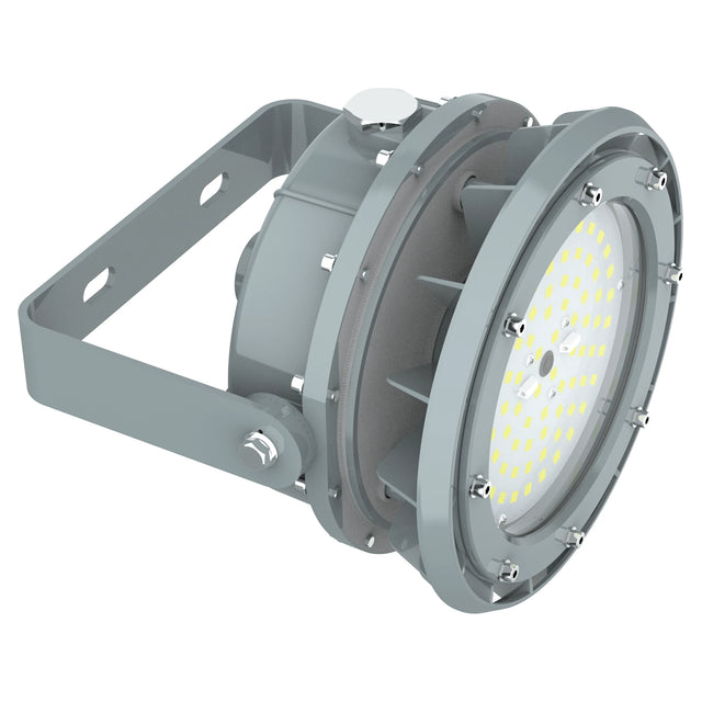 60W C1D2 explosion proof round LED high bay light, 8,400 lumens 4000K, for hazardous industrial workshop lighting.