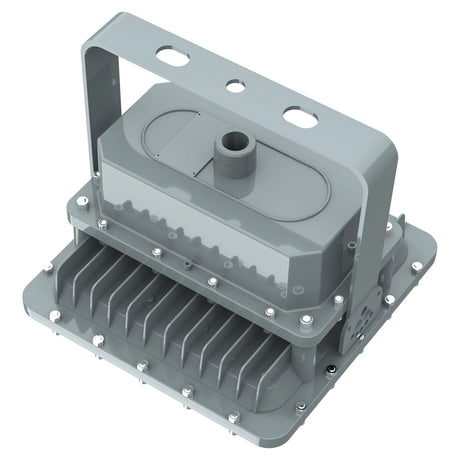 Top detail of the explosion-proof driver compartment on an 80W Class I Div 1 LED square flood light for industrial safety.