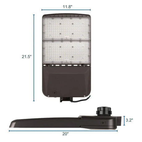 LED area light fixture shown front and side with dimensions marked for mounting reference