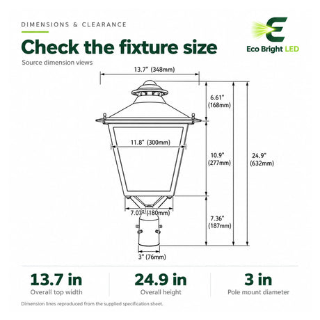 Dimension drawing of an LED decorative post top light showing 13.7-inch width, 24.9-inch height, and 3-inch pole mount