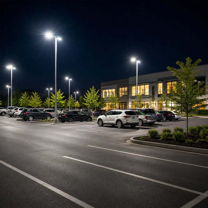 LED parking lot lights on tall poles illuminating a commercial building parking area with cars at night
