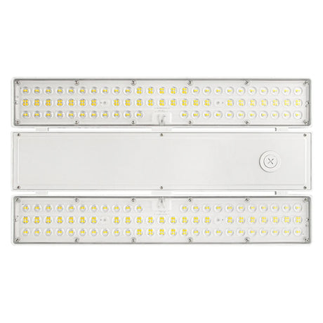 White linear LED high bay light with dual LED arrays and smooth center housing for warehouse lighting