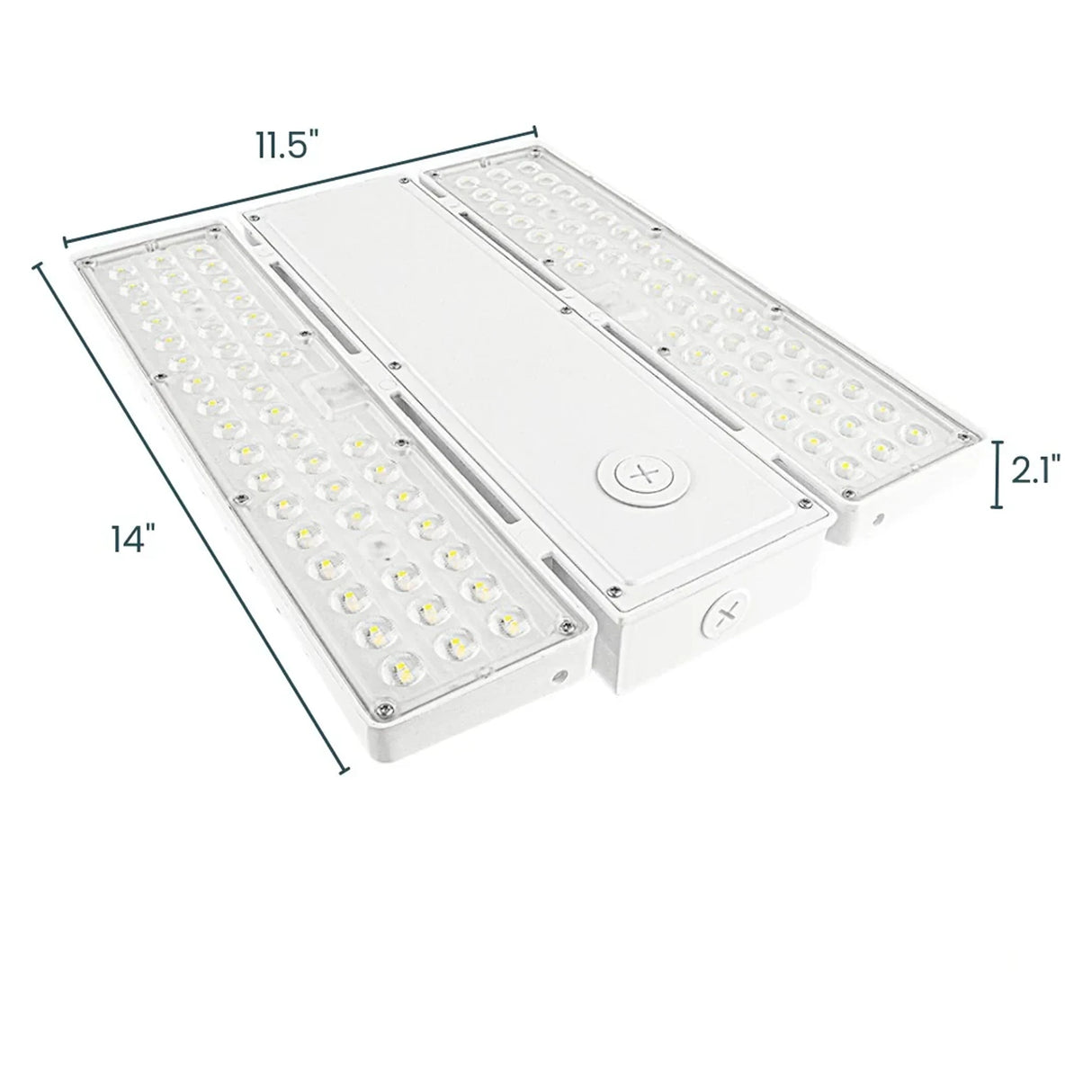 White linear high bay LED fixture with clear lens panels and side dimensions shown for industrial lighting