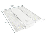 White linear high bay LED fixture with clear lens panels and side dimensions shown for industrial lighting