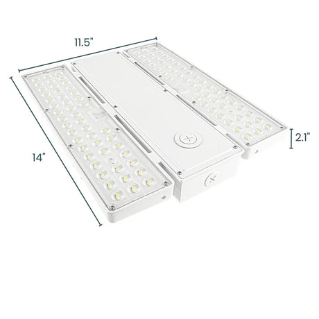 White linear high bay LED fixture with clear lens panels and side dimensions shown for industrial lighting