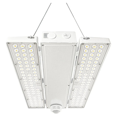 Suspended linear high bay light with dual LED panels and motion sensor on a white background