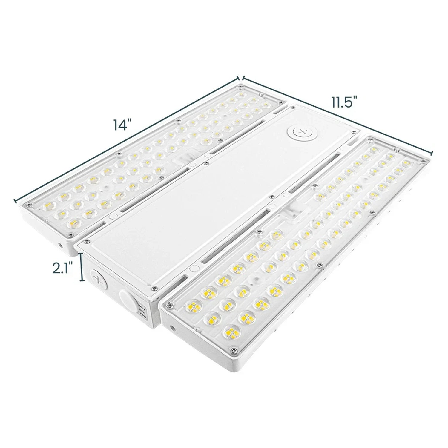 White linear high bay LED light with selectable wattage and CCT, shown with product dimensions