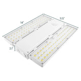 White linear high bay LED light with selectable wattage and CCT, shown with product dimensions