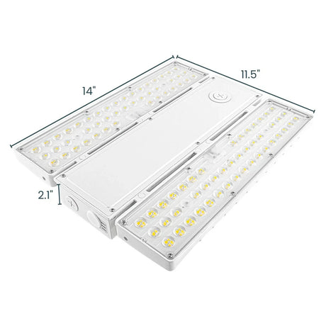 White linear high bay LED light with selectable wattage and CCT, shown with product dimensions