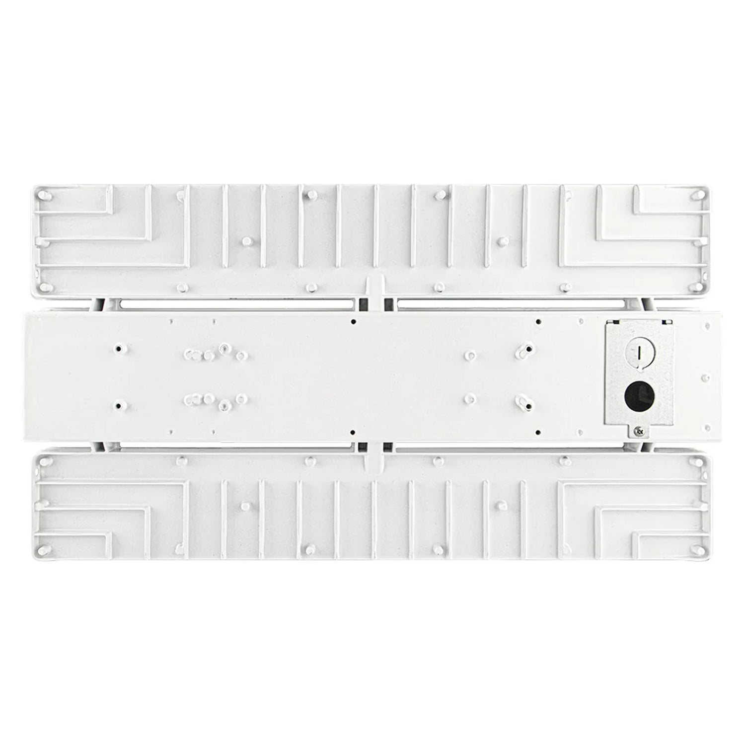Rear view of a white linear high bay light with selectable wattage and CCT controls