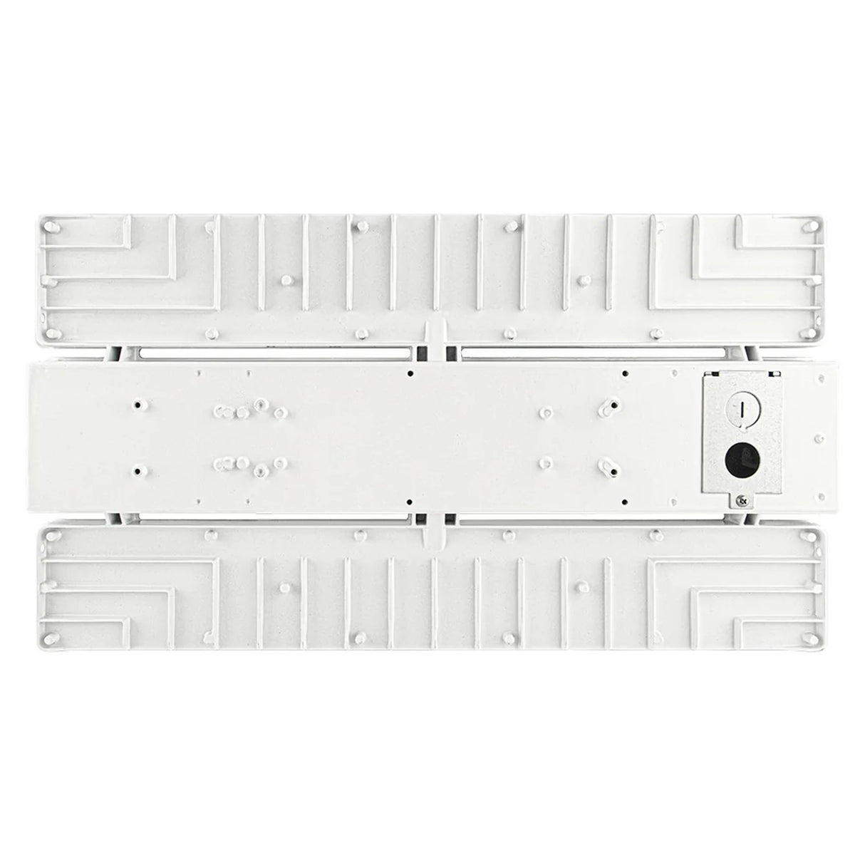 Rear view of a white linear high bay light with selectable wattage and CCT controls
