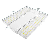 White linear LED high bay light with dual LED panels and selectable wattage design, shown with dimensions