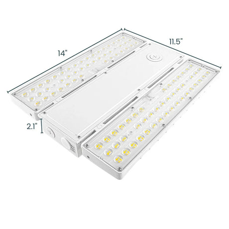 White linear LED high bay light with dual LED panels and selectable wattage design, shown with dimensions
