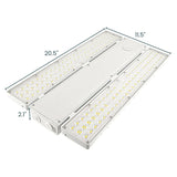 Linear LED high bay light with dual light panels and integrated optics, shown with dimensions on a white background