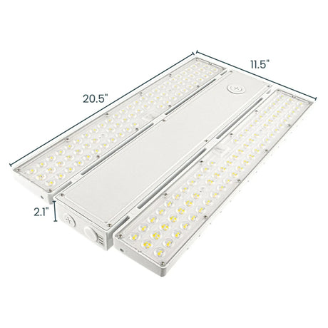 Linear LED high bay light with dual light panels and integrated optics, shown with dimensions on a white background