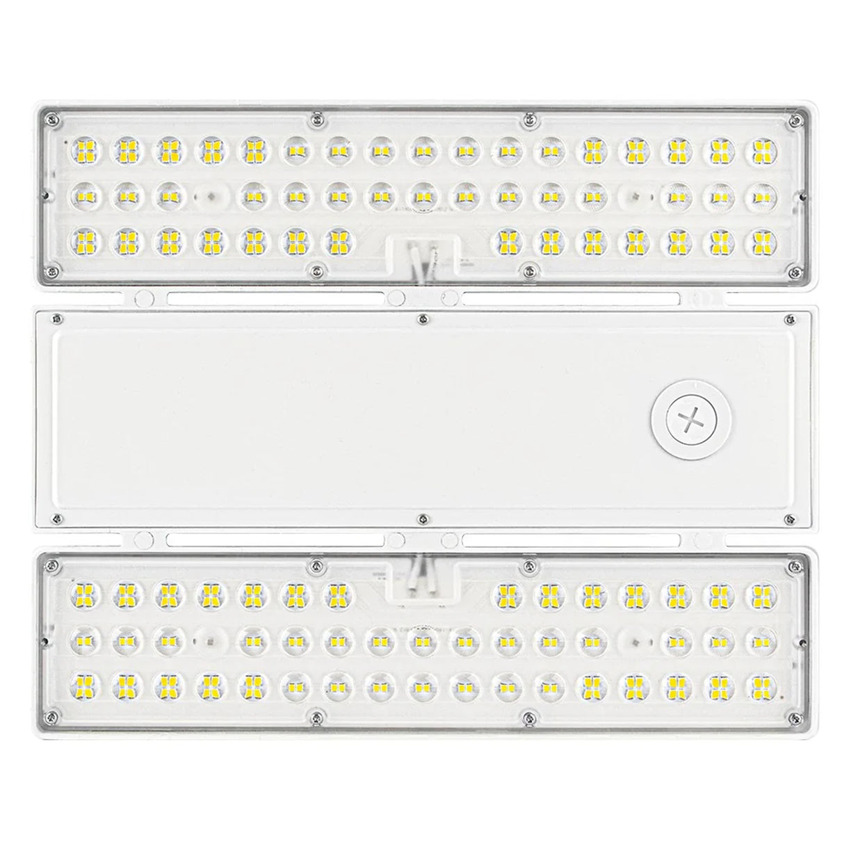Linear LED high bay light with selectable wattage and CCT, shown with clear lens and white housing