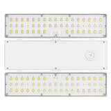 Linear LED high bay light with selectable wattage and CCT, shown with clear lens and white housing