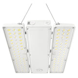 linear led high bay light with selectable center and side panels, hanging industrial warehouse fixture