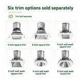 Six separately sold trim options for recessed downlight, including 4-inch and 6-inch square, round, and wall-wash styles
