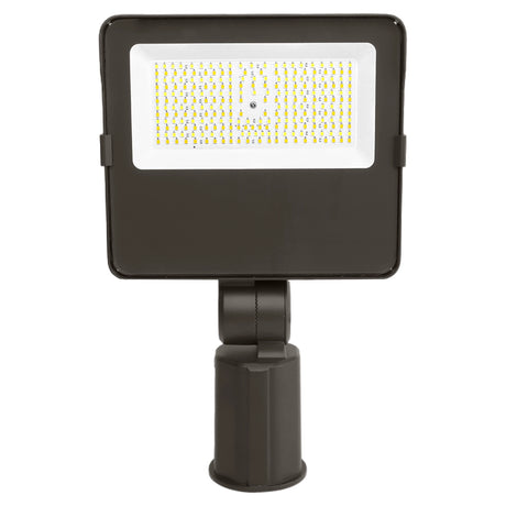 Dark rectangular LED flood light with adjustable slipfitter mount and visible led array