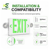 Installation and mounting details for 5W Green LED Exit Sign Combo for, including compatibility and wiring guidance.