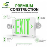 Housing, lens and construction details of 5W Green LED Exit Sign Combo for Commercial Egress for durable commercial use.
