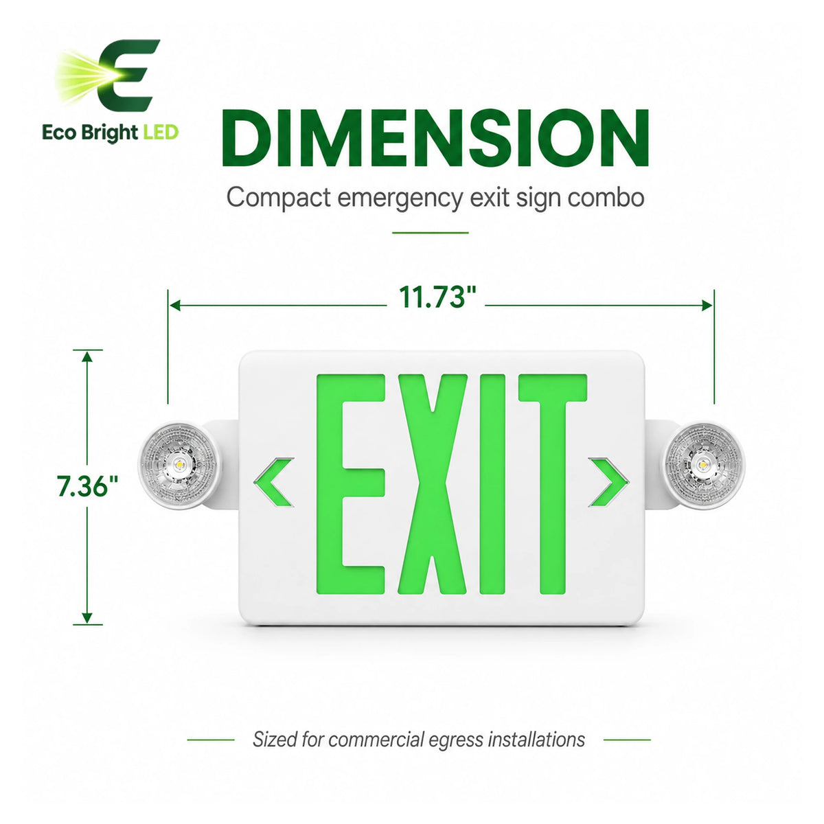 Dimensions and specifications for 5W Green LED Exit Sign Combo for, including measurements and performance data.