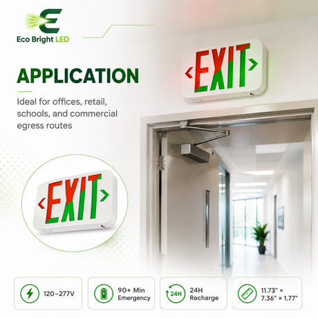 Red/Green LED Exit Sign 120/277V for shown in recommended commercial applications for efficient, reliable illumination.