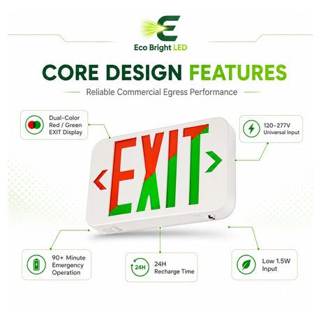 Key performance and design features of Red/Green LED Exit Sign 120/277V for Commercial for commercial lighting projects.