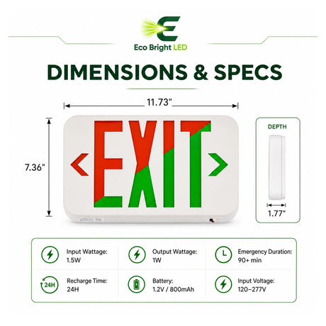 Dimensions and specifications for Red/Green LED Exit Sign 120/277V for, including measurements and performance data.