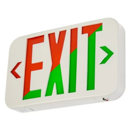 Red and green LED EXIT sign with directional arrows for commercial egress lighting