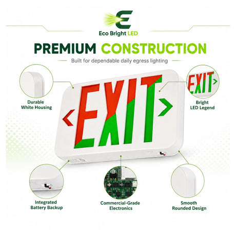 Housing, lens and construction details of Red/Green LED Exit Sign 120/277V for Commercial for durable commercial use.