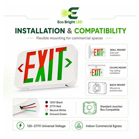 Installation and mounting details for Red/Green LED Exit Sign 120/277V for, including compatibility and wiring guidance.