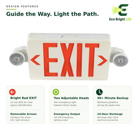 Red LED exit sign combo with two adjustable emergency light heads, removable arrows, and battery backup