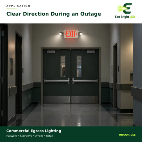 Red LED exit sign combo illuminating commercial double doors in an indoor hallway for egress lighting
