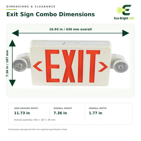 Red LED exit sign combo dimensions showing 16.93-inch overall width and 7.36-inch height