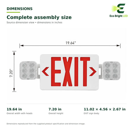 Red LED exit sign combo with dual emergency light heads, showing 19.64 inch width and 7.20 inch height dimensions
