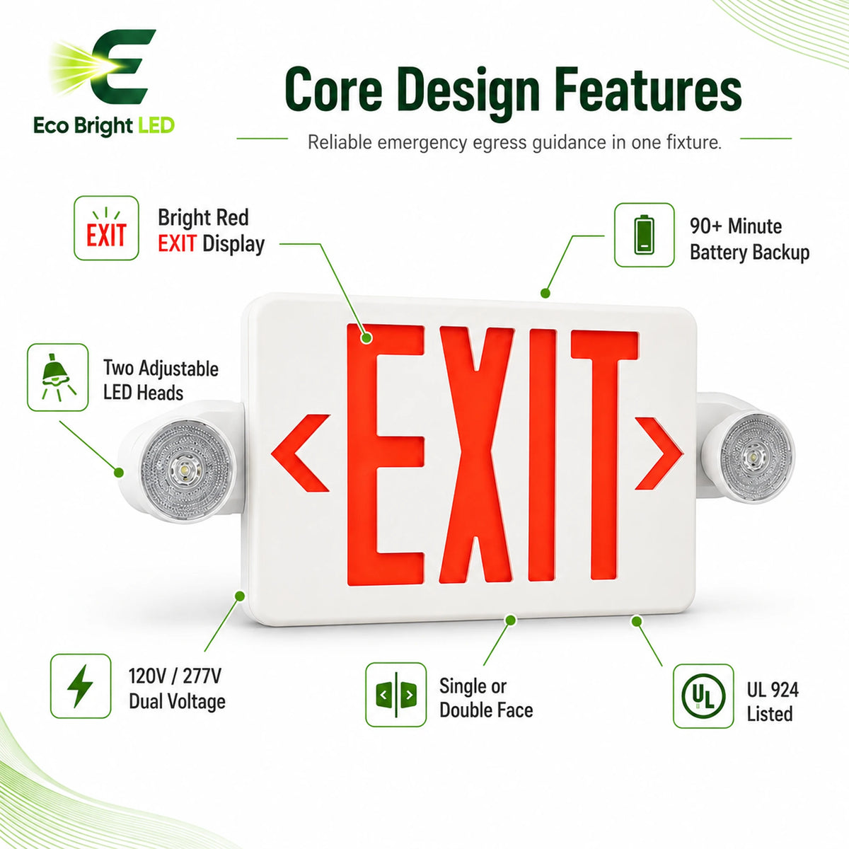 Key performance and design features of 5W Red LED Exit Sign Combo for Commercial for commercial lighting projects.
