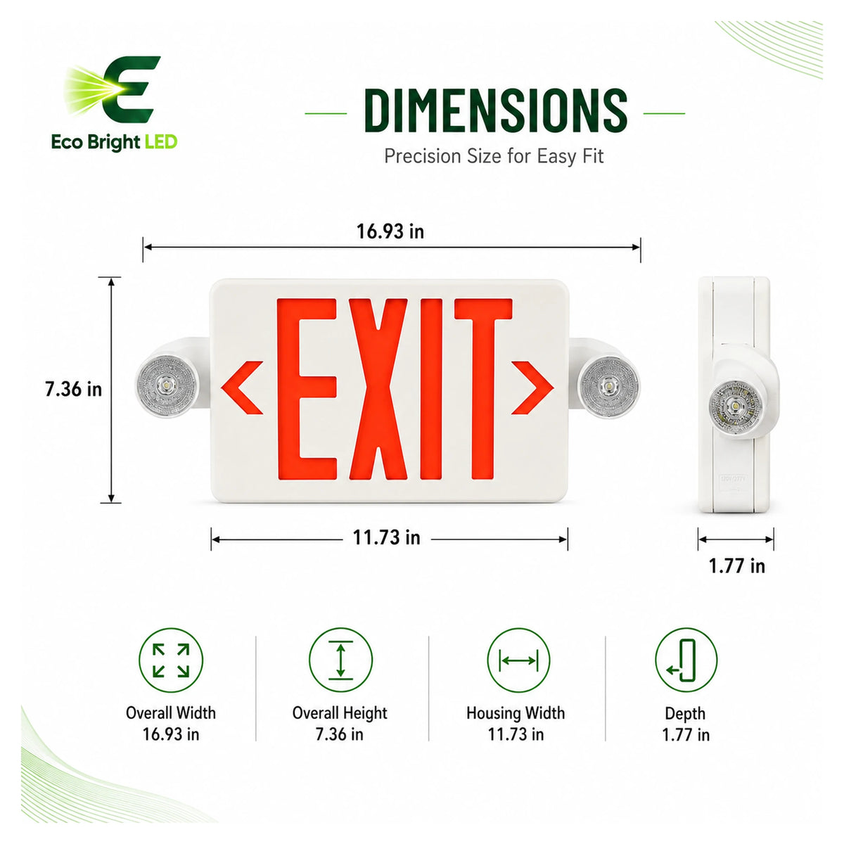 Dimensions and specifications for 5W Red LED Exit Sign Combo for, including measurements and performance data.
