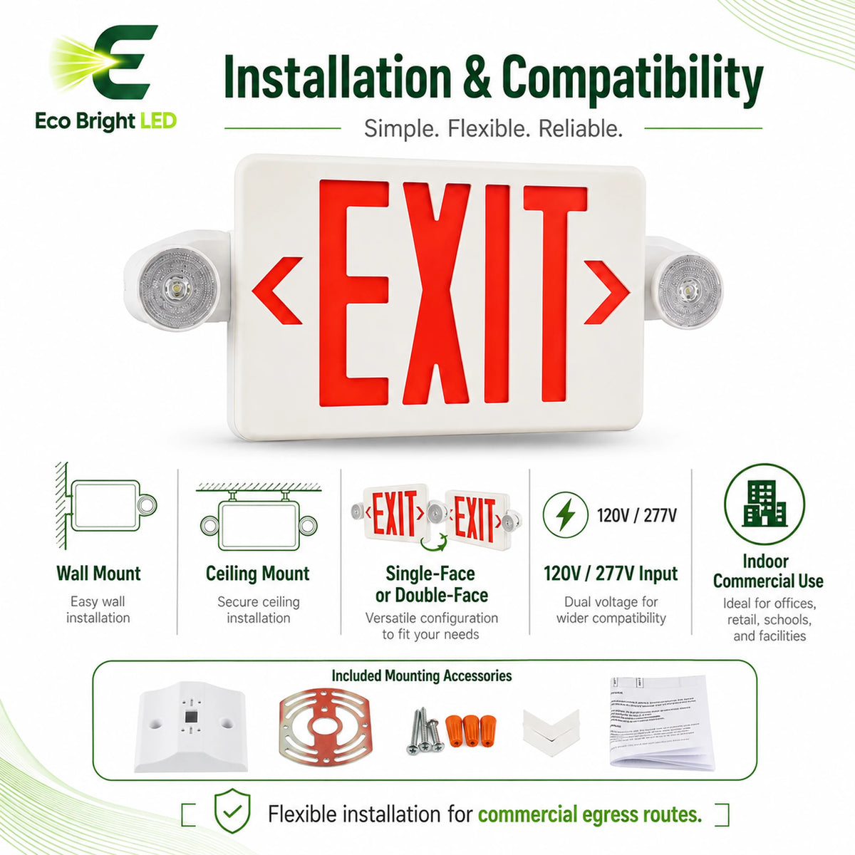 Installation and mounting details for 5W Red LED Exit Sign Combo for, including compatibility and wiring guidance.
