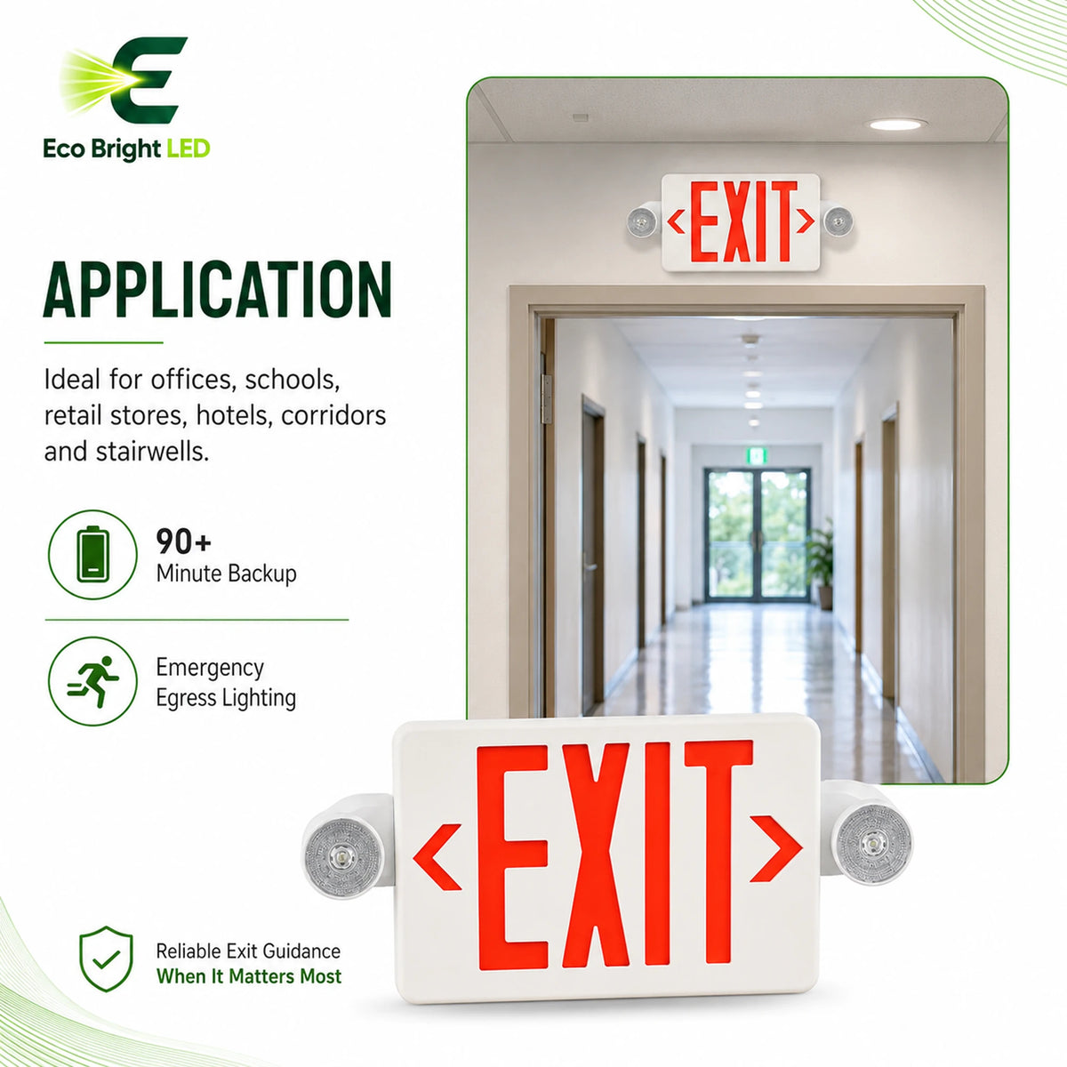 5W Red LED Exit Sign Combo for shown in recommended commercial applications for efficient, reliable illumination.