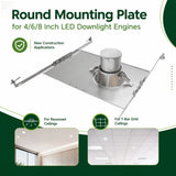 Round metal mounting plate for 4, 6, and 8 inch LED downlight engines, shown for recessed and T-bar grid ceilings