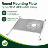 Round metal mounting plate for 4, 6, and 8 inch LED downlight engines in new construction ceilings