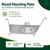 Round mounting plate for 4, 6, and 8 inch LED downlight engines for recessed or T-bar grid ceilings